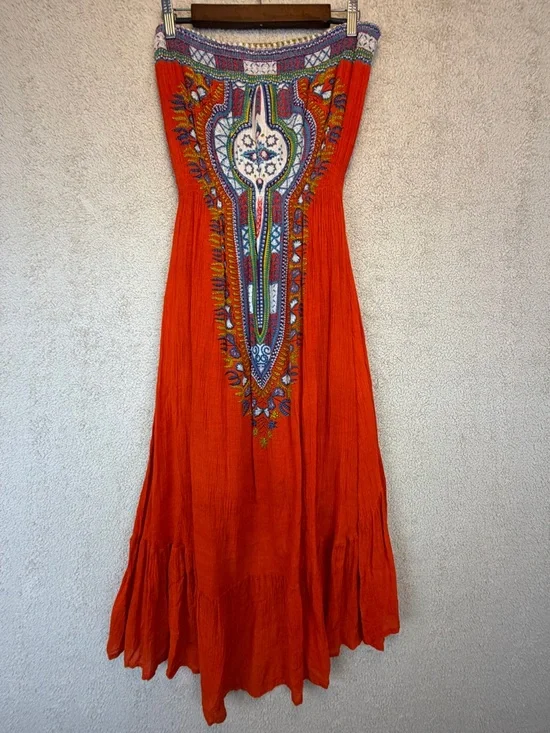 World Market Boho Strapless Flowy Tiered Maxi Dress Orange L/XL - Picture 4 of 8